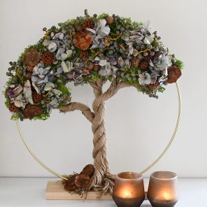 Pakket Herfst 18:  levensboom met ijslandmos , hortensia en droogmaterialen