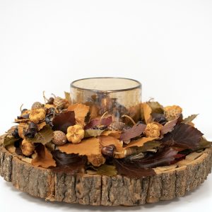 Pakket Herfst 5b:  Berkenkrans met gestabiliseerd blad en houten schaal