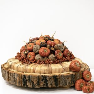 Pakket Herfst 13 : Styropor ring aangekleed met waterhyacintwortel met daarop bol met droogbloemen op houten schaal